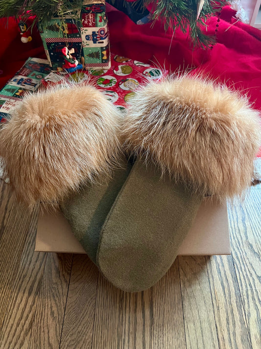 Handmade Fox Trimmed Wool Mittens